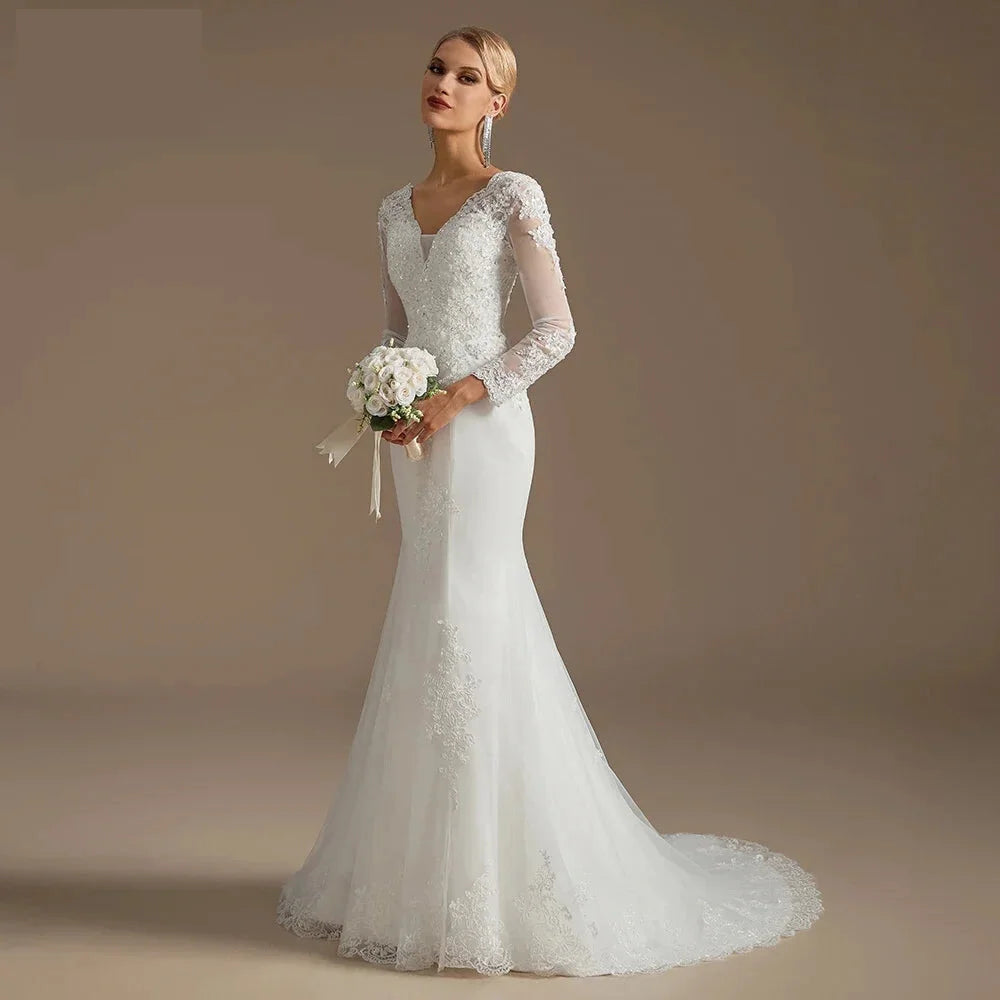 Wedding Dresses - Wedding Dress Mermaid Court Train Bridal Gown with Long Sleeve