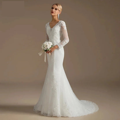 Wedding Dresses - Wedding Dress Mermaid Court Train Bridal Gown with Long Sleeve