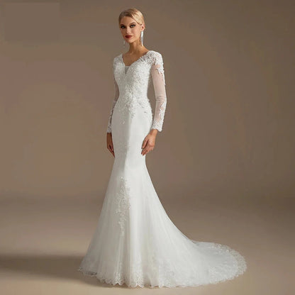 Wedding Dresses - Wedding Dress Mermaid Court Train Bridal Gown with Long Sleeve