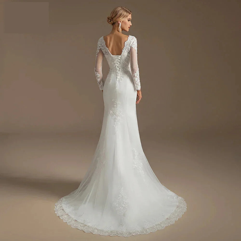 Wedding Dresses - Wedding Dress Mermaid Court Train Bridal Gown with Long Sleeve