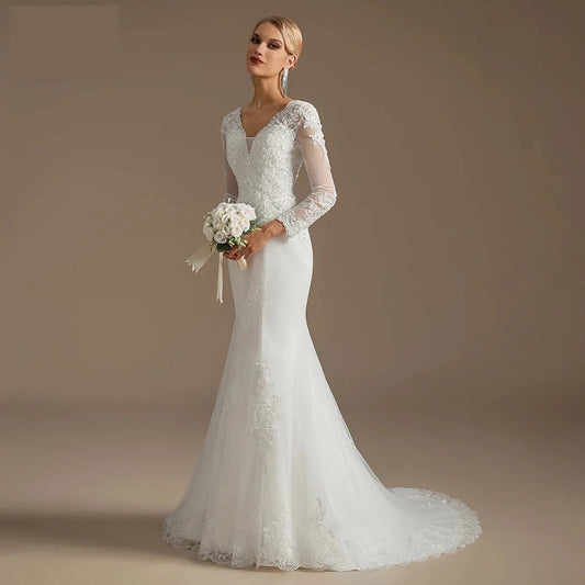 Wedding Dresses - Wedding Dress Mermaid Court Train Bridal Gown with Long Sleeve