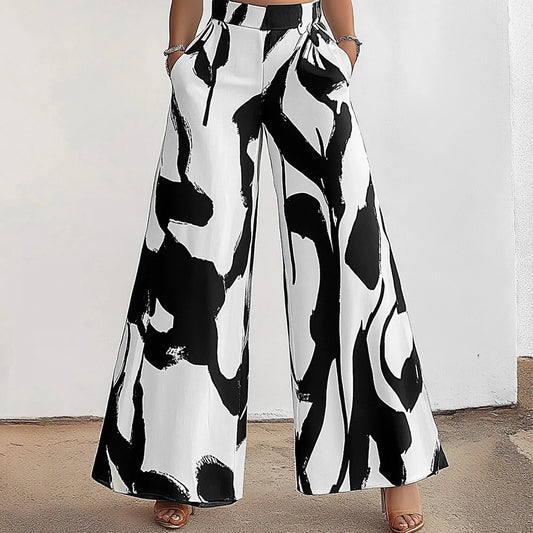 Wide-Leg Pants - Abstract Black and White Wide-leg Pants for Women