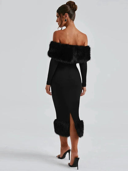 Winter Dresses - Elegant Faux Fur Winter Midi Party Dress