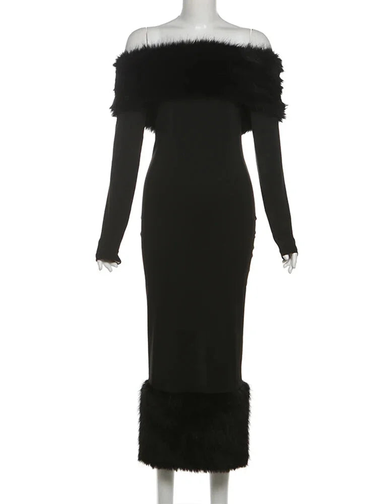 Winter Dresses - Elegant Faux Fur Winter Midi Party Dress