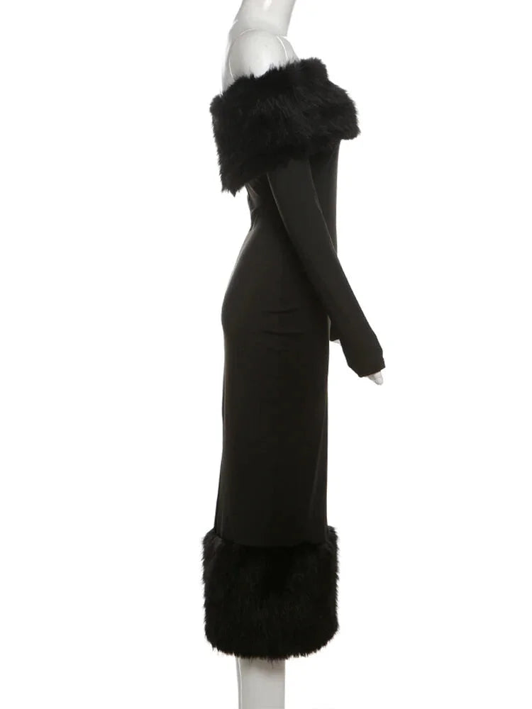 Winter Dresses - Elegant Faux Fur Winter Midi Party Dress