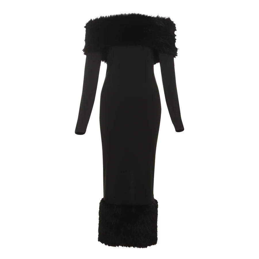 Winter Dresses - Elegant Faux Fur Winter Midi Party Dress