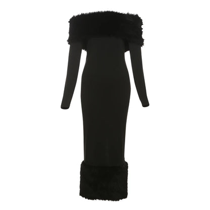 Winter Dresses - Elegant Faux Fur Winter Midi Party Dress