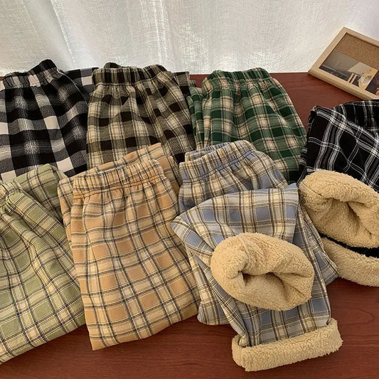 Winter Pants - Plush Lined Plaid Loungewear Pants for Women