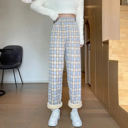 Winter Pants - Plush Lined Plaid Loungewear Pants for Women