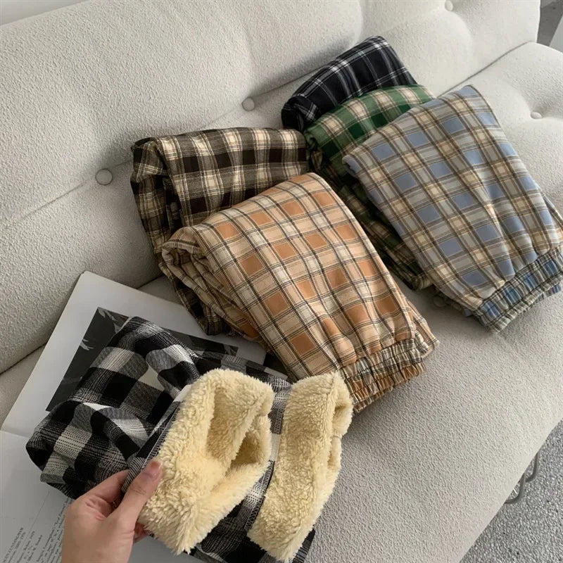 Winter Pants - Plush Lined Plaid Loungewear Pants for Women