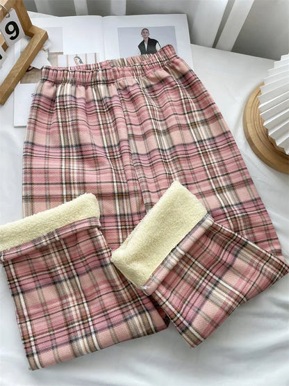 Winter Pants - Plush Lined Plaid Loungewear Pants for Women