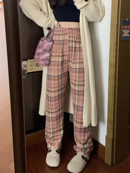 Winter Pants - Plush Lined Plaid Loungewear Pants for Women