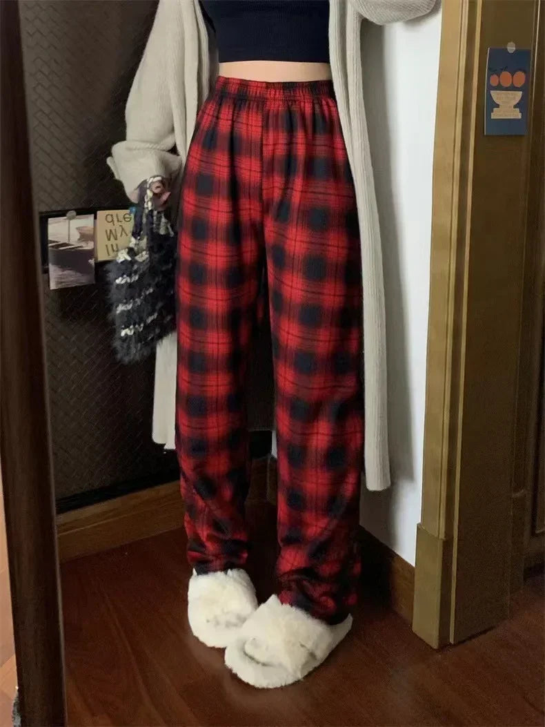 Winter Pants - Plush Lined Plaid Loungewear Pants for Women