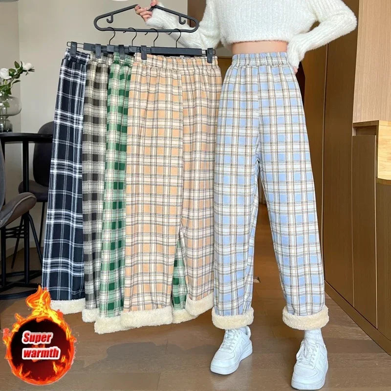 Winter Pants - Plush Lined Plaid Loungewear Pants for Women