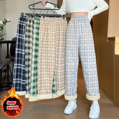 Winter Pants - Plush Lined Plaid Loungewear Pants for Women