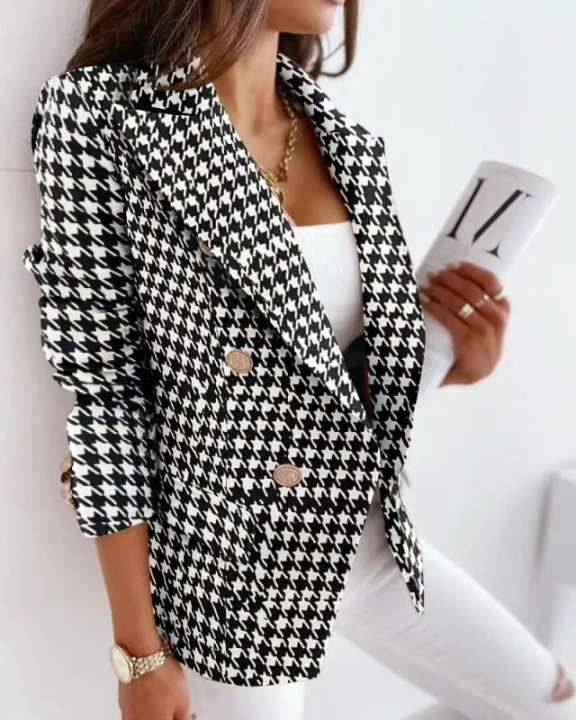 Women Blazers - 3D Print Fabric Long Sleeve Double-breasted Short Business Blazer