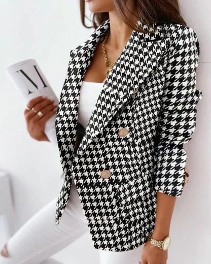 Women Blazers - 3D Print Fabric Long Sleeve Double-breasted Short Business Blazer