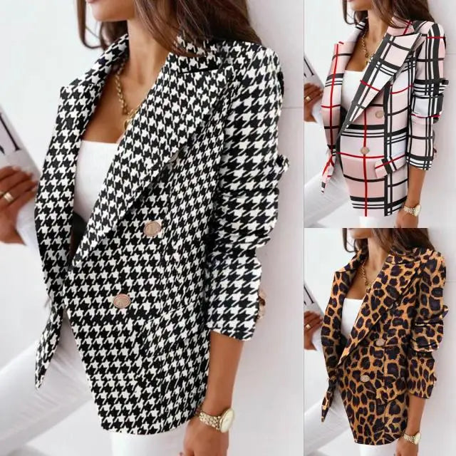 Women Blazers - 3D Print Fabric Long Sleeve Double-breasted Short Business Blazer