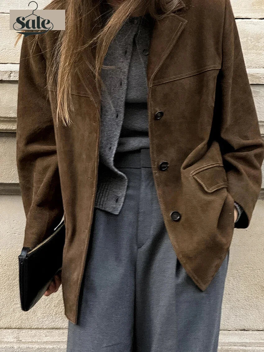 Women Blazers - Faux Suede Brown Velvet Coat – Luxe Fall Fashion