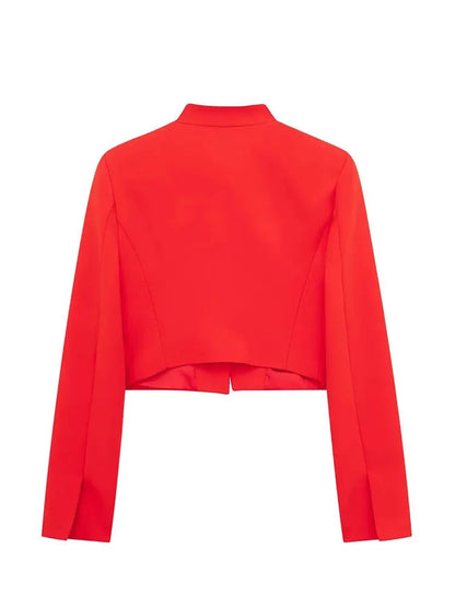 Women Blazers - High-Neck Red Cropped Blazer – Tailored Women’s Jacket