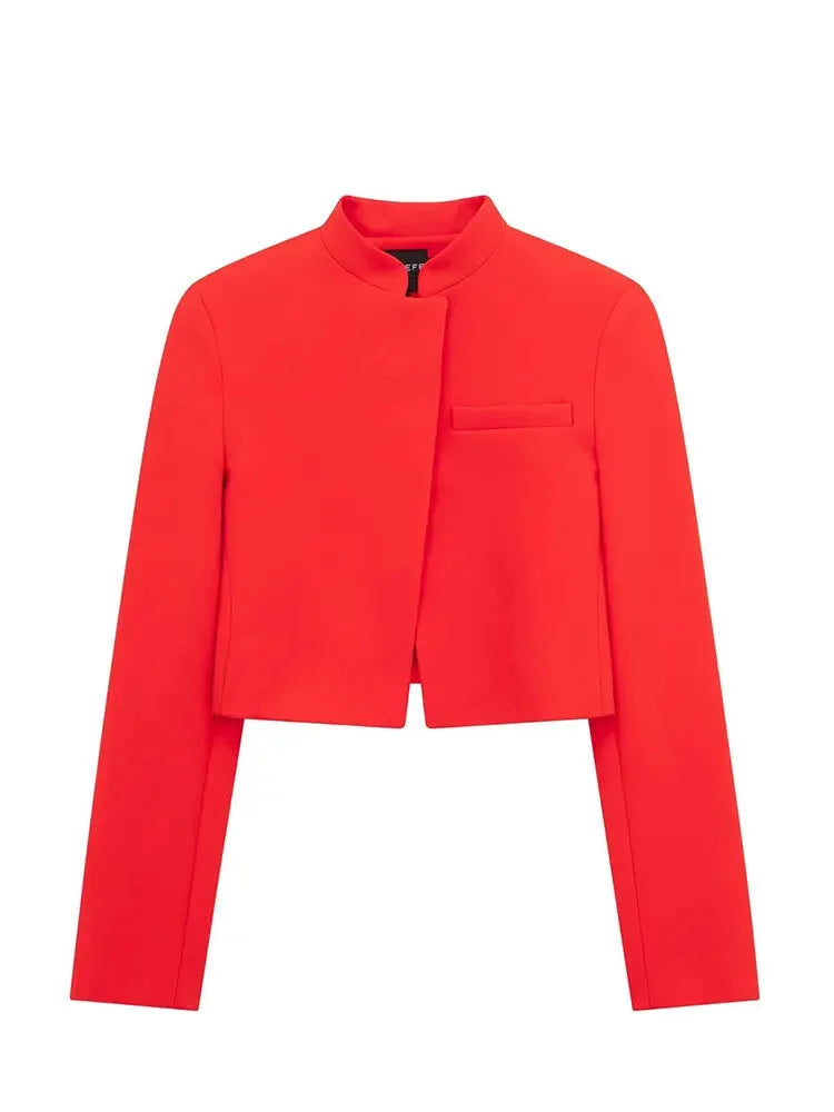 Women Blazers - High-Neck Red Cropped Blazer – Tailored Women’s Jacket