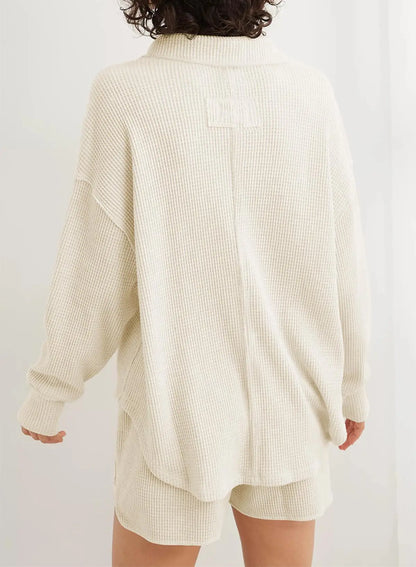 Women Casual Tops - Baggy V-neck Waffle Knitted Sweater Top