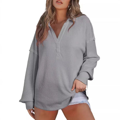 Women Casual Tops - Baggy V-neck Waffle Knitted Sweater Top