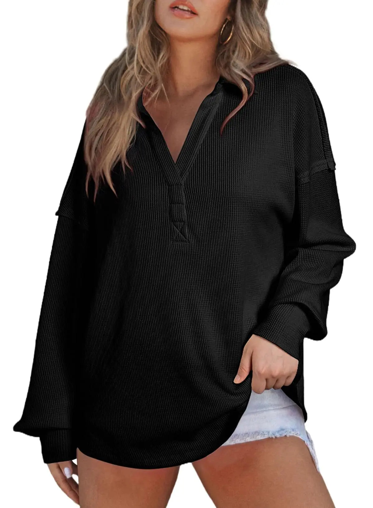 Women Casual Tops - Baggy V-neck Waffle Knitted Sweater Top