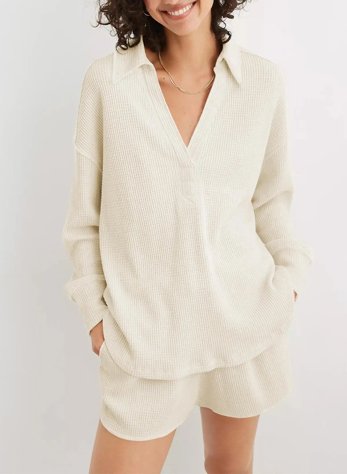 Women Casual Tops - Baggy V-neck Waffle Knitted Sweater Top