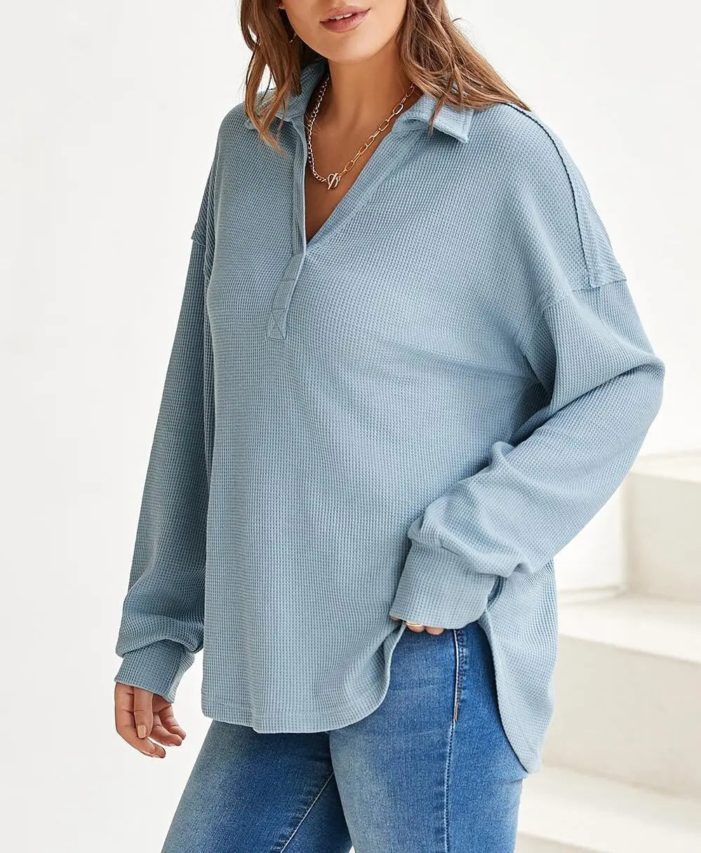 Women Casual Tops - Baggy V-neck Waffle Knitted Sweater Top