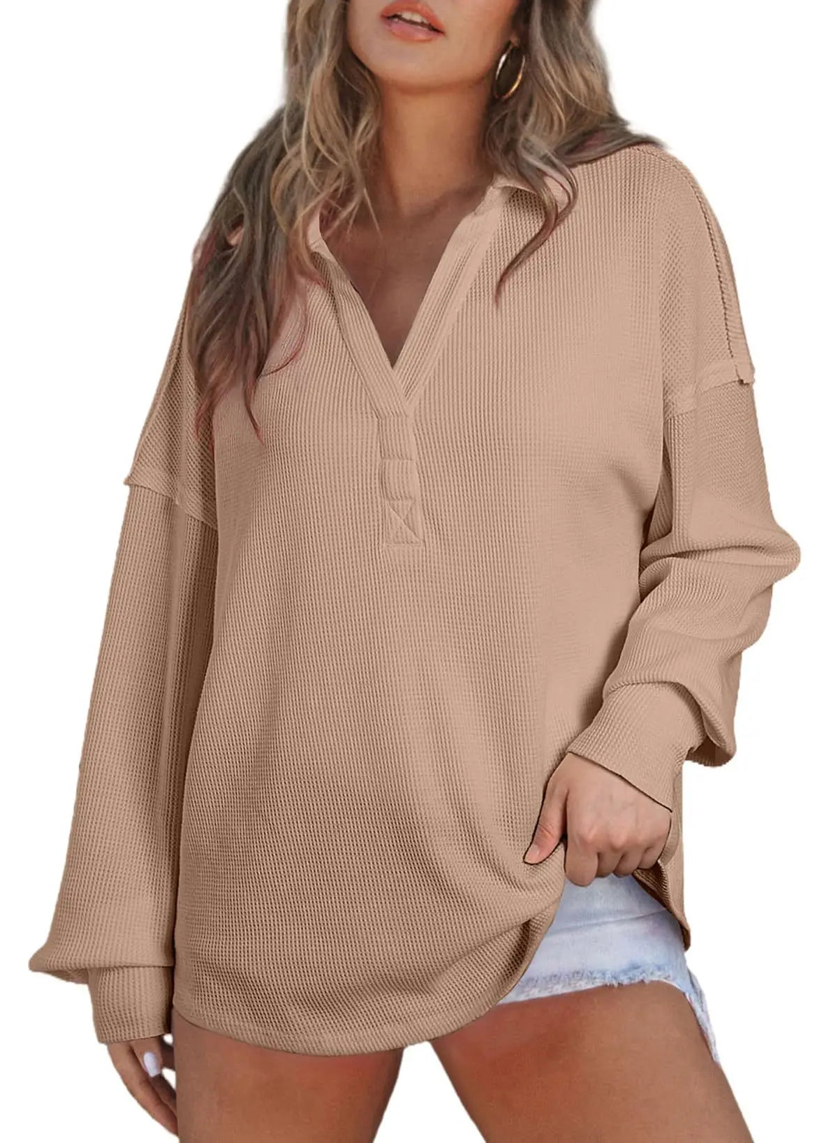 Women Casual Tops - Baggy V-neck Waffle Knitted Sweater Top