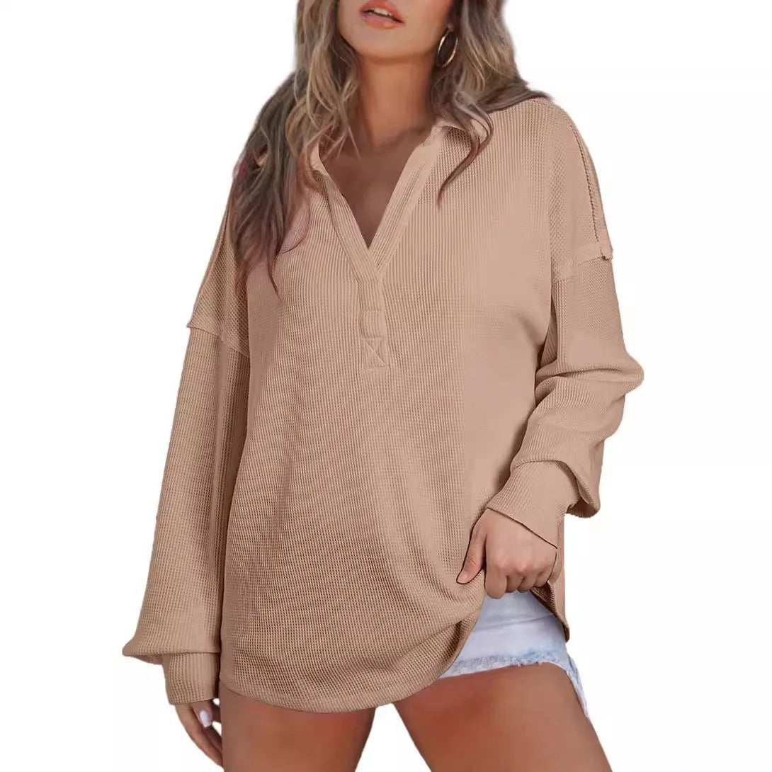 Women Casual Tops - Baggy V-neck Waffle Knitted Sweater Top