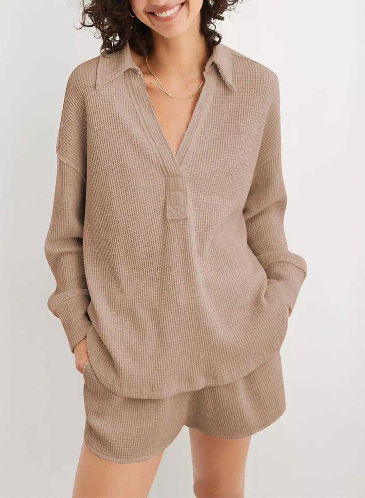 Women Casual Tops - Baggy V-neck Waffle Knitted Sweater Top