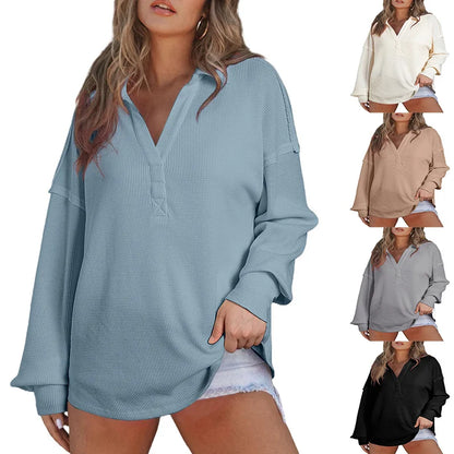 Women Casual Tops - Baggy V-neck Waffle Knitted Sweater Top