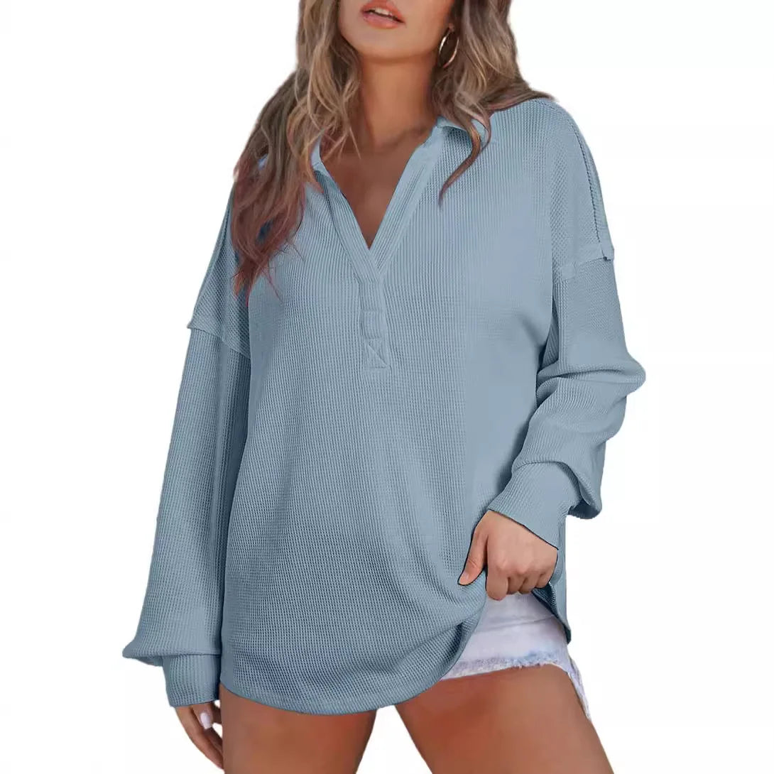 Women Casual Tops - Baggy V-neck Waffle Knitted Sweater Top