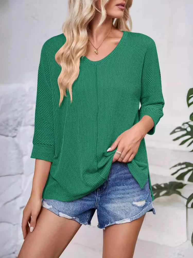 Women Casual Tops- Thick Ribbed Textured Oversized Casual Blouse