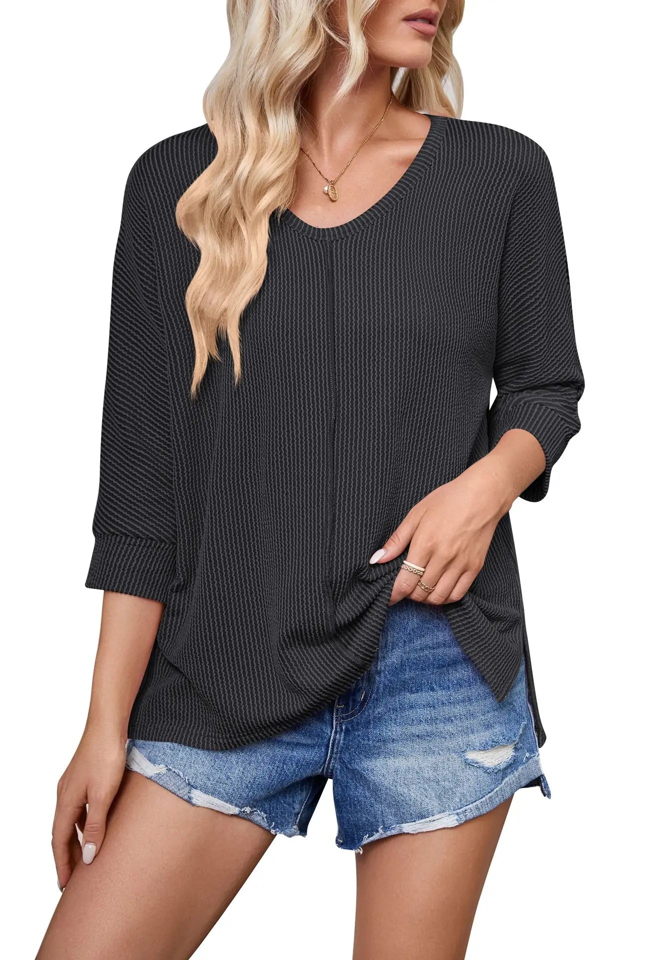 Women Casual Tops- Thick Ribbed Textured Oversized Casual Blouse