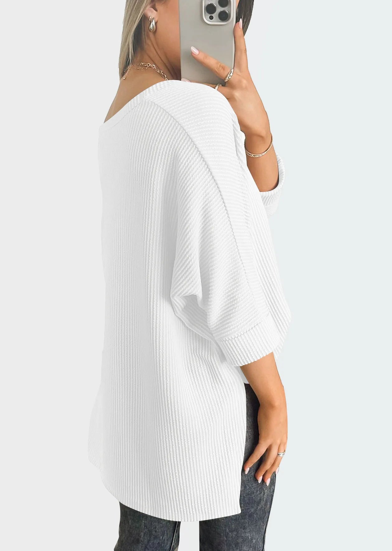 Women Casual Tops- Thick Ribbed Textured Oversized Casual Blouse