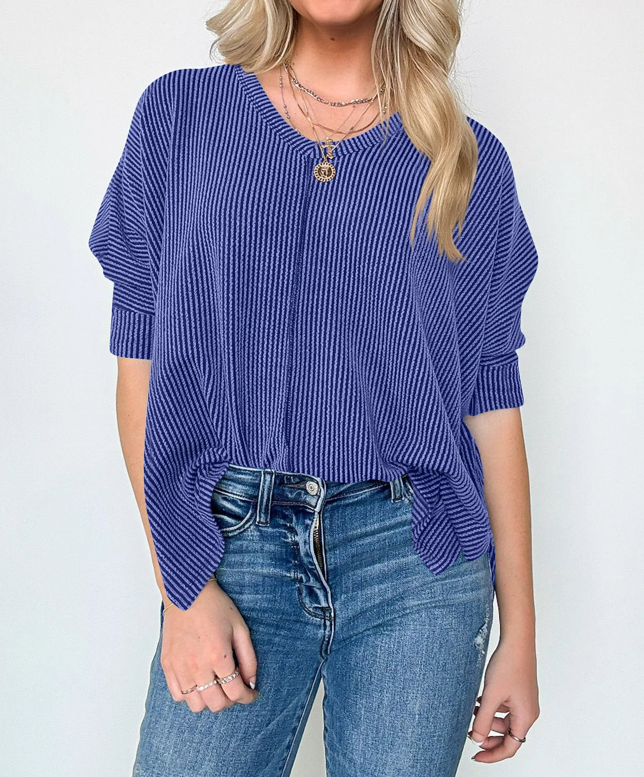 Women Casual Tops- Thick Ribbed Textured Oversized Casual Blouse