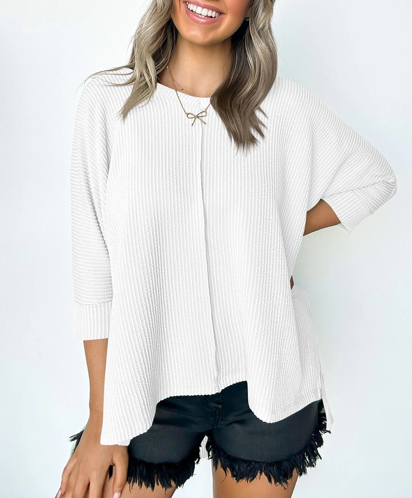 Women Casual Tops- Thick Ribbed Textured Oversized Casual Blouse