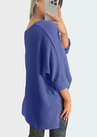 Women Casual Tops- Thick Ribbed Textured Oversized Casual Blouse