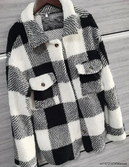 Women Coats and Jackets - Cozy Plaid Layering Piece