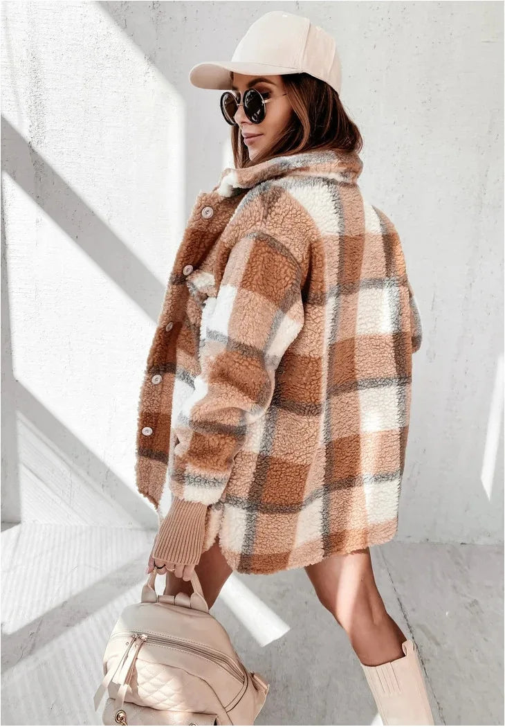 Women Coats and Jackets - Cozy Plaid Layering Piece