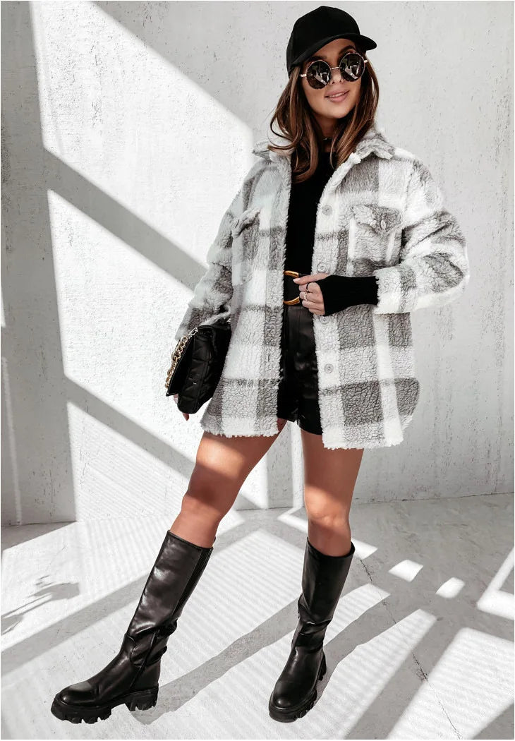 Women Coats and Jackets - Cozy Plaid Layering Piece