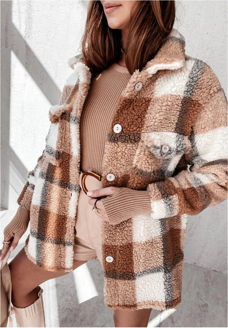 Women Coats and Jackets - Cozy Plaid Layering Piece