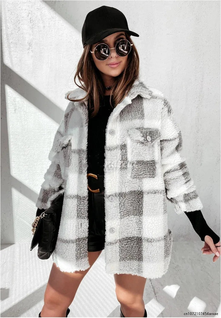 Women Coats and Jackets - Cozy Plaid Layering Piece