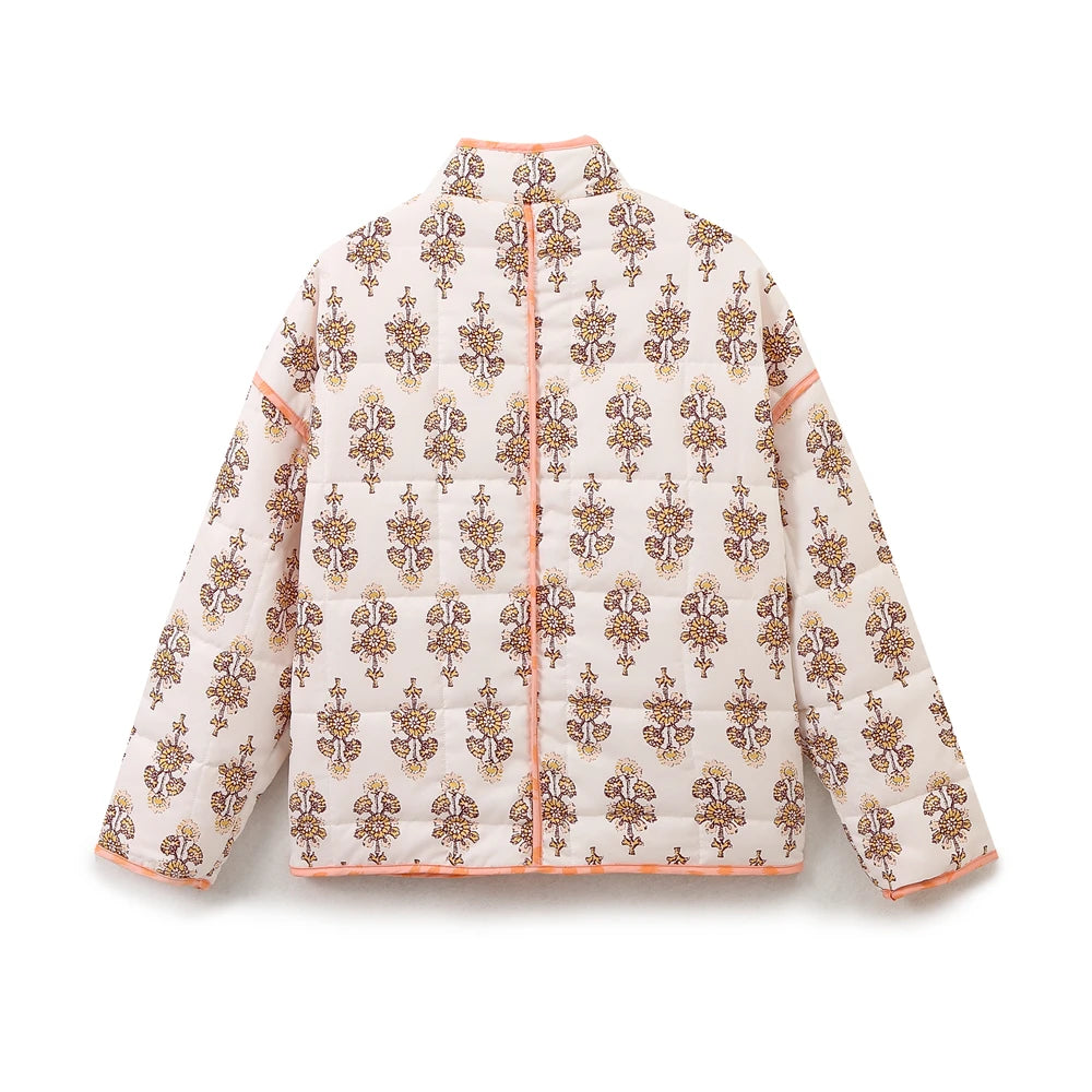 Women Coats and Jackets - Mandarin Collar Eclectic Flower Print Shacket Solid Trim