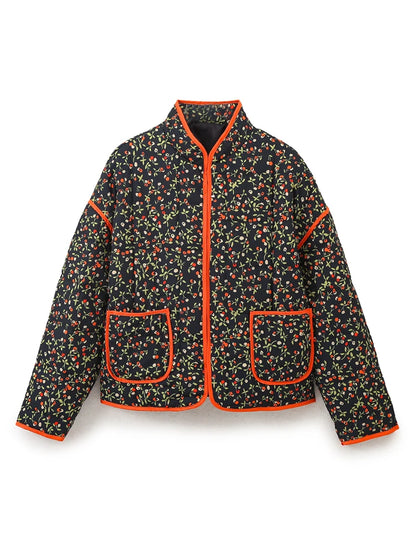 Women Coats and Jackets - Mandarin Collar Eclectic Flower Print Shacket Solid Trim