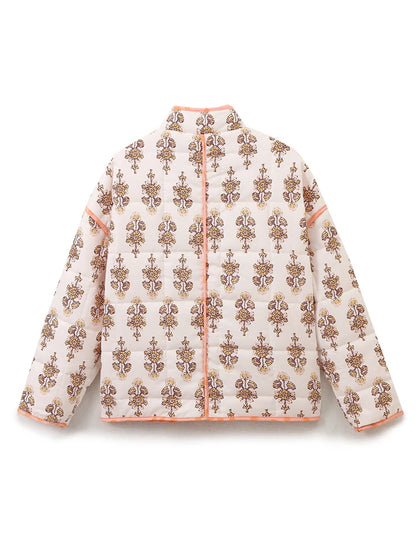 Women Coats and Jackets - Mandarin Collar Eclectic Flower Print Shacket Solid Trim