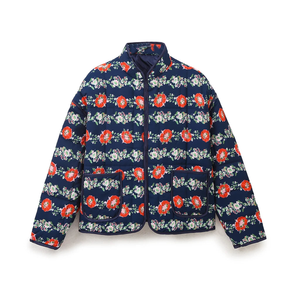 Women Coats and Jackets - Mandarin Collar Eclectic Flower Print Shacket Solid Trim